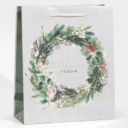 Пакет подарочный новогодний ламинированный «Новогодний венок», ML 21 х 25 х 8 см