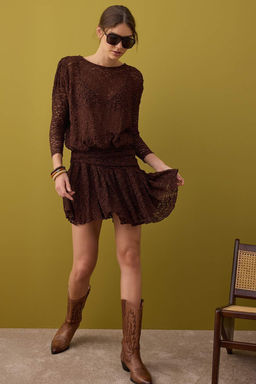 Kahverengi Boho Orme Dantel K?sa / Mini Elbise TPRAW26EL00046