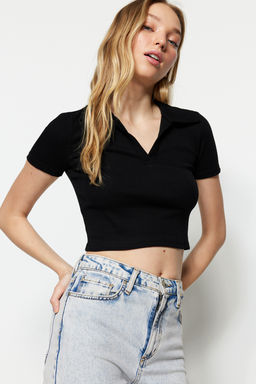 Siyah Fitted/Vucuda Oturan Crop Polo Yaka Fitilli Esnek Orme Bluz TWOSS21BZ0038