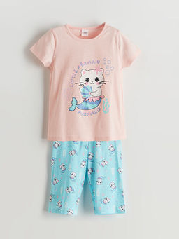 Bask?l? K?z ?ocuk ?ortlu Pijama Tak?m?