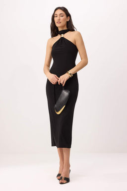 Siyah Bodycon Boyundan Baglamal? Kolsuz Aksesuar Detayl? Midi Esnek Orme Elbise TWOSS26EL00201