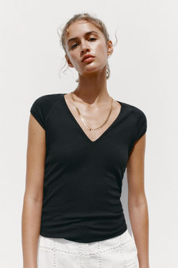 RIB V-NECK T-SHIRT - Zara фото 2