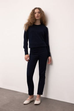 Sigaret Saten Pantolon Lacivert Normal Bel Basic Duz Beli Lastikli Duz Paca