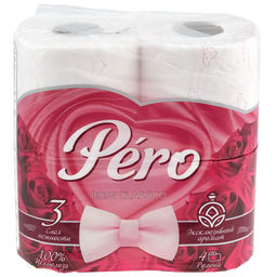 Туалетная бумага 3-х слойная "Pero Rose", 4 рулона в упаковке, 16,3м, отрывной лист 14х10см, белый цвет с прокрасом (Россия)