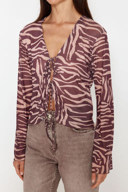 Trendyolmilla Siyah Desenli Baglama Detayl? Tul Esnek Orme Bluz TWOSS23BZ00139  фото 5