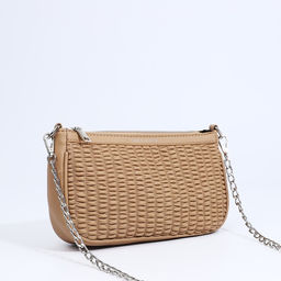 Сумка-багет на молнии, длинный ремень, цвет бежевый