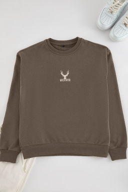 Koyu Kahverengi Oversize/Genis Kesim Bisiklet Yaka Uzun Kol Hayvan Nak?sl? Sweatshirt TMNAW24SW00169