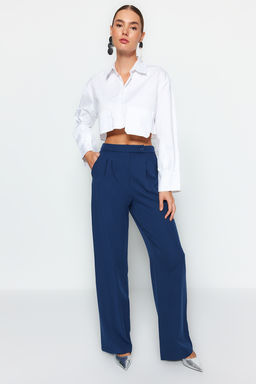 Lacivert Wide Leg Genis Paca Yuksek Bel Dokuma Kumas Pantolon TWOAW22PL0066