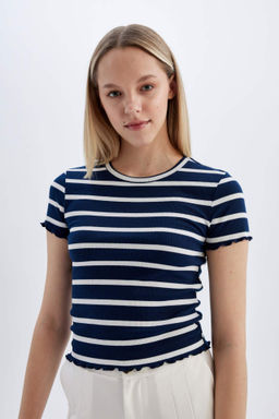 Fitted Bisiklet Yaka Cizgili Fitilli Kaskorse Basic Duz K?sa Kollu Tisort - Defacto фото 6