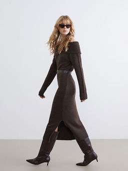 Kay?k Yaka Kemerli Triko Elbise