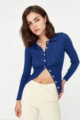 Lacivert Merserize Gorunumlu Fitilli Polo Yaka Triko H?rka TWOAW20HI0070