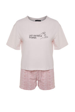 Trendyolmilla Ac?k Mavi Pamuklu Cizgili Slogan Bask?l? Sortlu Orme Pijama Tak?m? THMSS23PT00228  фото 14