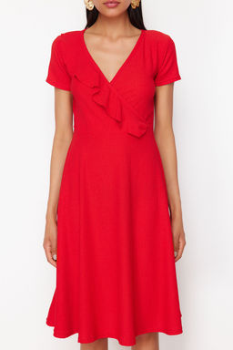 K?rm?z? F?rf?rl? Kruvaze Kapamal? Skater/Belden Ac?lan Esnek Midi Orme Elbise TWOSS24EL01068