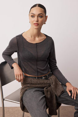 Antrasit Transaparan Nervurlu Regular/Normal Kal?p Crop Orme Bluz TWOAW26BZ00123