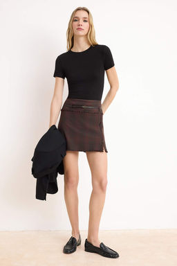 Bordo A-line/Can Kal?p Ekoseli Dokuma Mini Etek TWOSS26ET00035