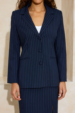 Lacivert Cizgili S?rt? Kemer Detayl? Dokuma Astarl? Vatkal? Blazer Ceket TWOSS26BC00002 - Trendyolmilla фото 5
