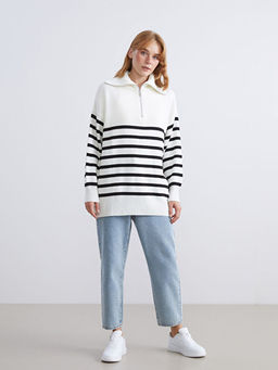 Dik Yaka ?izgili Kad?n Triko Tunik