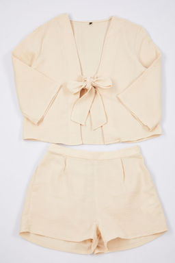 Trendyolmilla Mavi %100 Pamuklu Baglama/Kurdele/Fiyonk Detayl? Muslin Sortlu Dokuma Pijama Tak?m? THMSS24PT00077 фото 5