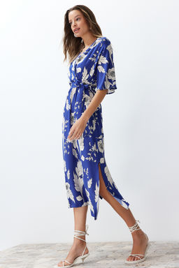 Mavi Kusakl? Cicek Desenli A Kesim Kruvaze Yaka Midi Dokuma Elbise TWOSS24EL00915