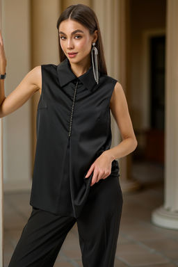 Блузка из атласа с воротником черная