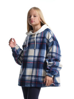 Худи оверсайз в клетку подростковое с капюшоном на меху 22-8046 синяя клетка - Mini maxi фото 7