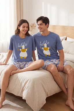 Unisex Mavi K_sa Kollu Pamuklu Ekose Desenli _rdek Bask_l_ _ortlu Pijama Tak_m_ TMNAW26PT00008