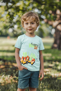 Bebe Mavi Erkek Cocuk %100 Pamuk Slogan Desenli Regular Kal?p K?sa Kol Orme T-Shirt TKDSS24TS00012