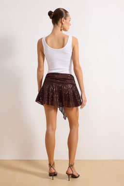 Kahverengi Asimetrik Kesim Buzgulu Super Mini Payet Etek TPRSS26ET00007 - Trendyolmilla фото 4