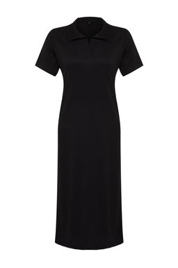 Siyah Polo Yaka K?sa Kol Midi Burumcuk/Dokulu Orme Elbise TWOSS24EL00478