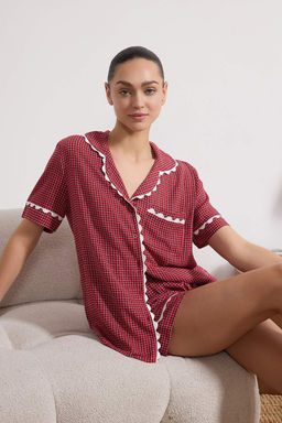 K?rm?z? Potikareli Serit Detayl? Viskon Dokuma Pijama Tak?m? THMSS26PT00077