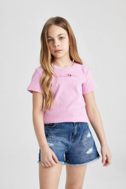 K?z Cocuk Slim Fit Dar Kesim Bisiklet Yaka Fitilli Kaskorse K?sa Kollu Tisort