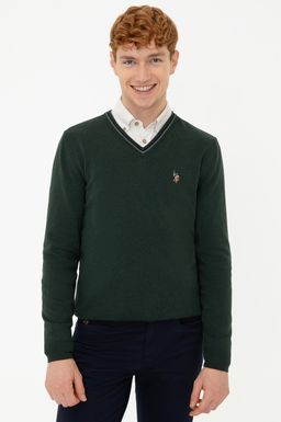 U. S. Polo Assn / Мужской зеленый базовый трикотажный свитер с v-образным вырезом