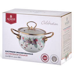 КАСТРЮЛЯ ЭМАЛИРОВАННАЯ AGNESS СО СТЕКЛЯННОЙ КРЫШКОЙ СЕРИЯ CELEBRATION, 1.5 Л, 16*10 СМ фото 2