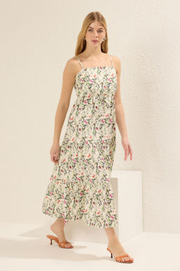 Cok Renkli Cicekli Etegi Belden Ac?lan Gipe Detayl? Midi Dokuma Elbise TWOSS25EL00023