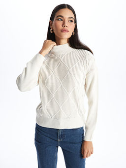 Yar?m Bal?k?? Yaka Kendinden Desenli Uzun Kollu Kad?n Triko Kazak