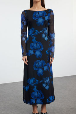 TRENDYOLMILLA Lacivert Cicekli S?rt Dekolteli Tul Kay?k Yaka Esnek Maxi Orme Elbise TWOAW25EL00223 фото 3