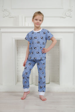Пижама детская из футболки и брюк из кулирки Коровы голубой