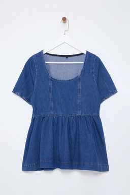 Trendyolmilla Mavi Dikis Detayl? Volanl? Denim Bluz TWOSS25BZ00001