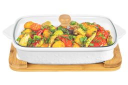 Блюдо д/запекания и сервировки 1,9 л 37*21*12 см Снежинки с стекл крышкой на дер подст.