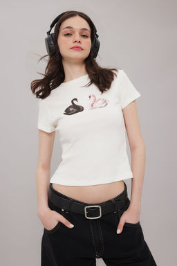 Ekru Kugu Bask?l? Fitted/Vucuda Oturan Orme T-Shirt TWOSS25TS00095