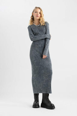 Крутое облегающее платье макси в рубчик с длинными рукавами и блестками - Defacto фото 4