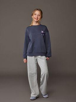 Bisiklet Yaka Bask?l? K?z ?ocuk Kal?n Sweatshirt