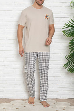 Trendyolmilla Man Bej Regular Fit Ay?c?k Bask?l? Ekose Orme Pijama Tak?m? TMNSS25PT00038