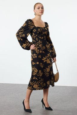 Trendyolmilla Siyah Geometrik Desenli Duz Kesim Y?rtmac Detayl? Viskon Dokuma Elbise TWOAW24EL00865 фото 7