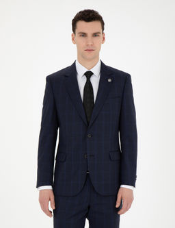 Lacivert Slim Fit %100 Y_n Ekose Tak_m Elbise