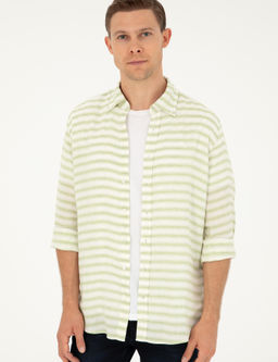 Ye_il Keten Kar___ml_ Slim Fit Uzun Kollu G_mlek