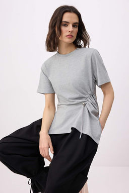 Gri Melanj Regular/Normal Kal?p K?sa Kollu %100 Pamuk Buzgu Detayl? Orme Bluz TWOSS26BZ00009