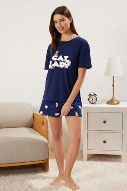 Trendyolmilla Lacivert %100 Pamuklu Kedili ve Sloganl? Sortlu Orme Pijama Tak?m? THMSS25PT00275 фото 3