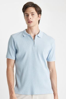 Slim Fit Dar Kesim Fermuarl? K?sa Kollu Polo Tisort