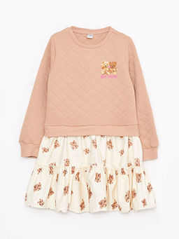 Bisiklet Yaka Bask?l? Uzun Kollu K?z ?ocuk Elbise